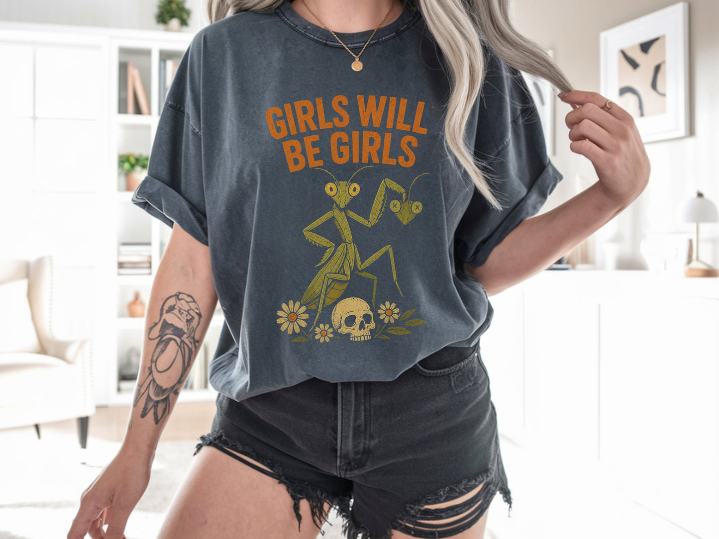 The "Girls Will Be Girls" Praying Mantis Graphic Tee | Comfort Colors Vintage Unisex Shirt