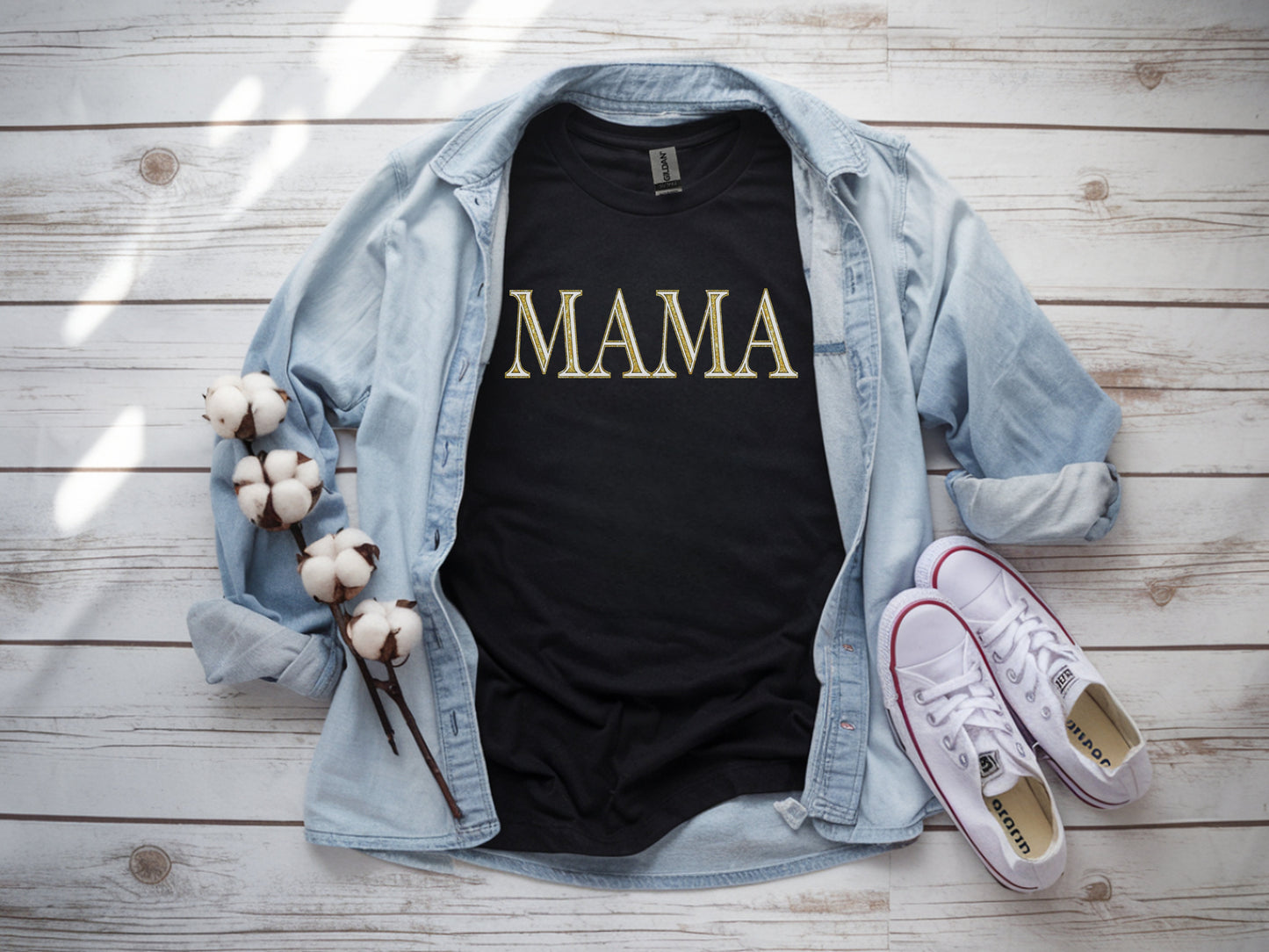 The Signature "MAMA" Gold-Glint Tee & Sweatshirt