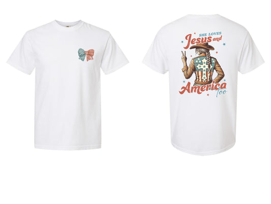 She Loves Jesus and America Too Western Graphic Tee