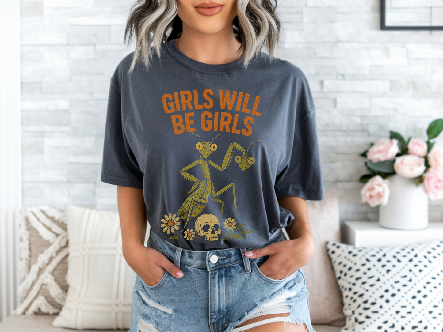 The "Girls Will Be Girls" Praying Mantis Graphic Tee | Comfort Colors Vintage Unisex Shirt